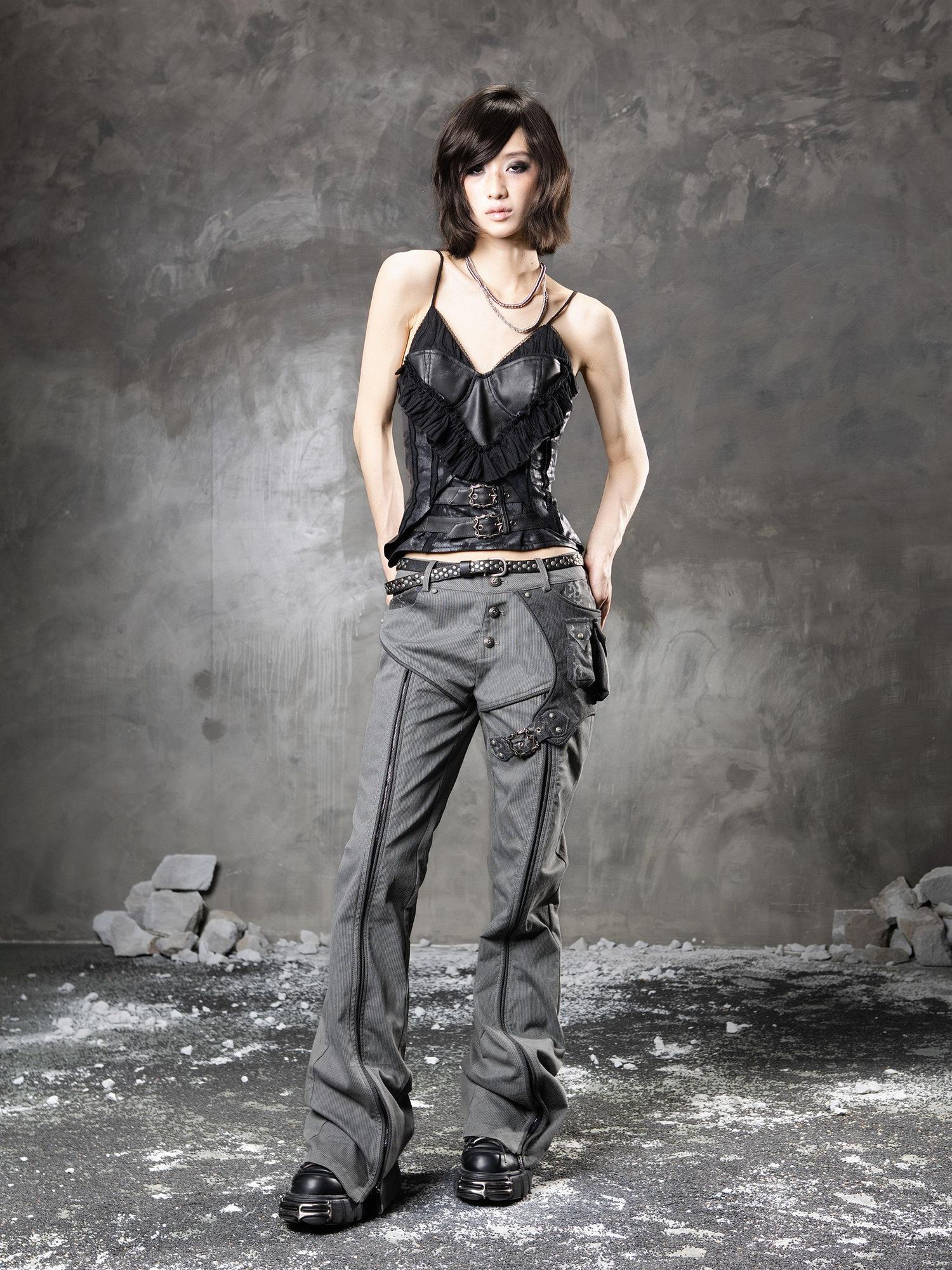 ARIADNAw Slim Low Waist Straight Cut Zipper Women Colorblock Flare Pants