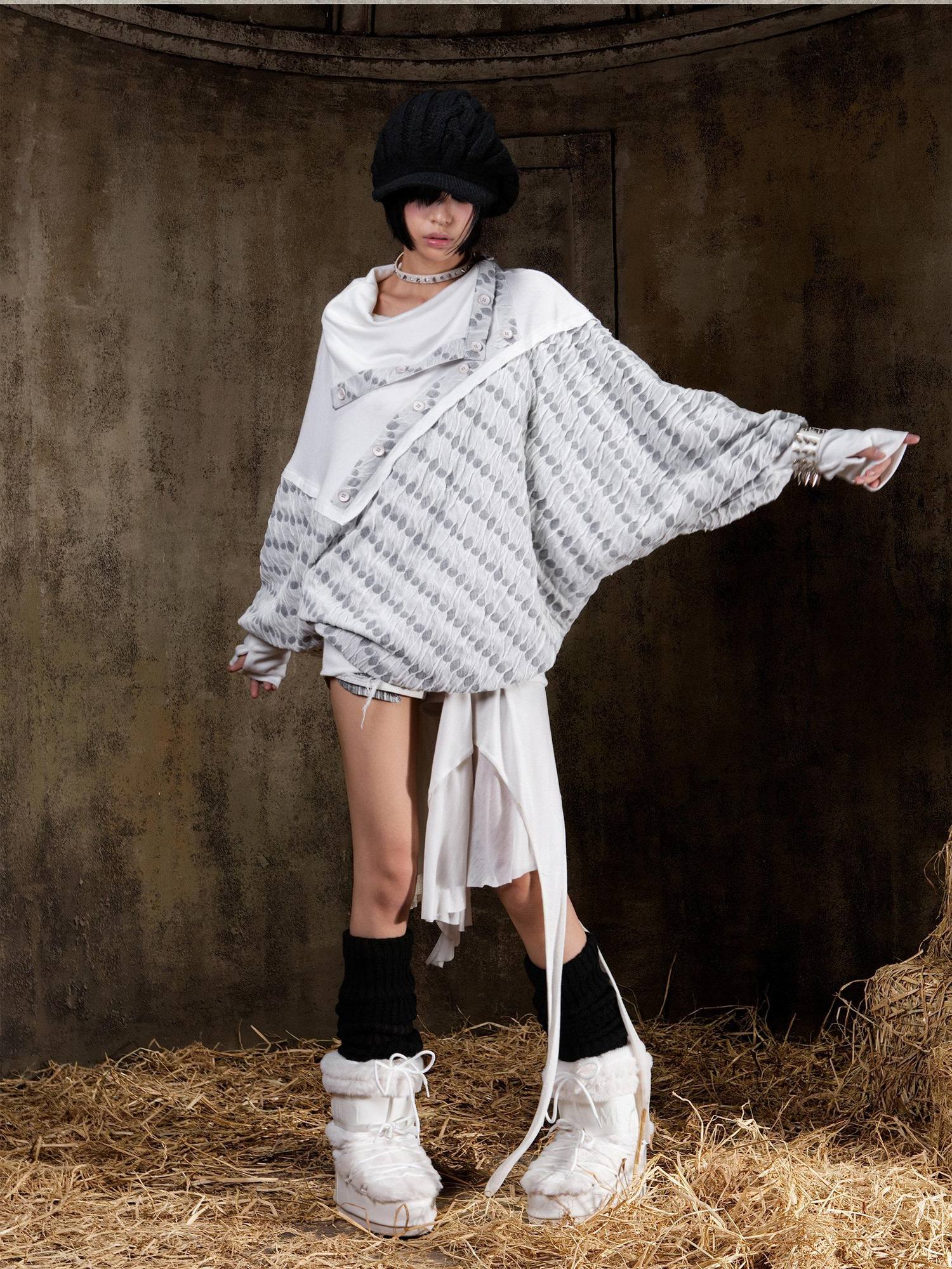 ARIADNAw Soft Vintage Loose Patchwork Batwing Cowl Neck Polka Dot Girls Hoodies