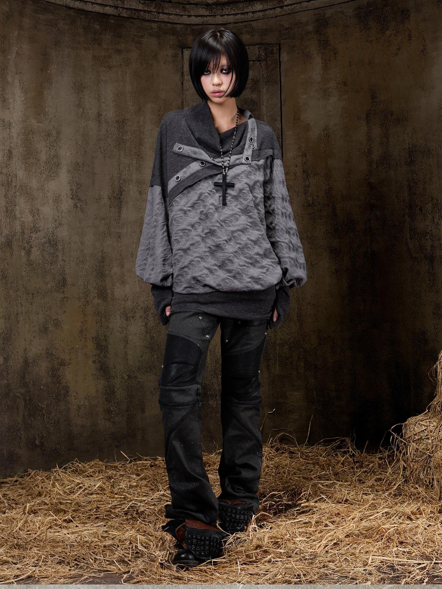 ARIADNAw Soft Vintage Loose Patchwork Batwing Cowl Neck Polka Dot Girls Hoodies