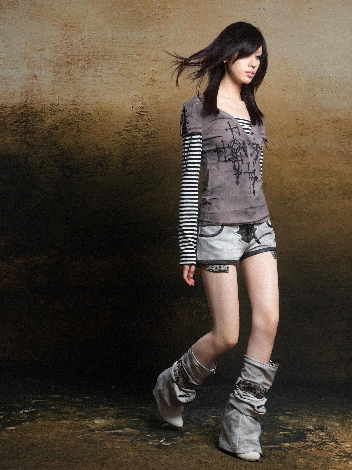 ARIADNAw Totem Cross Print Faux Layered Punk Women&