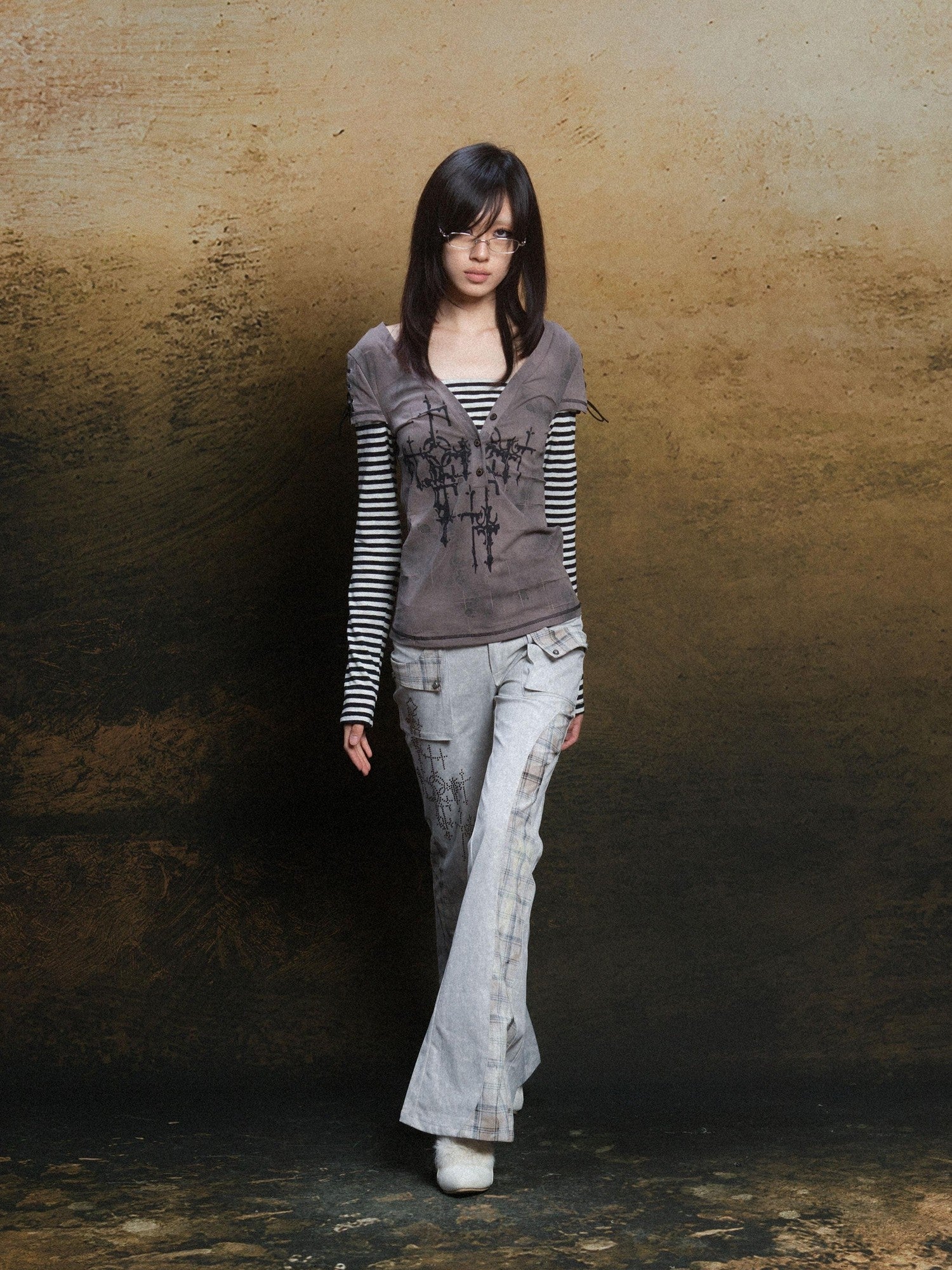 ARIADNAw Totem Cross Print Faux Layered Punk Women&