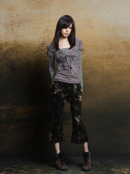 ARIADNAw Totem Cross Print Faux Layered Punk Women&