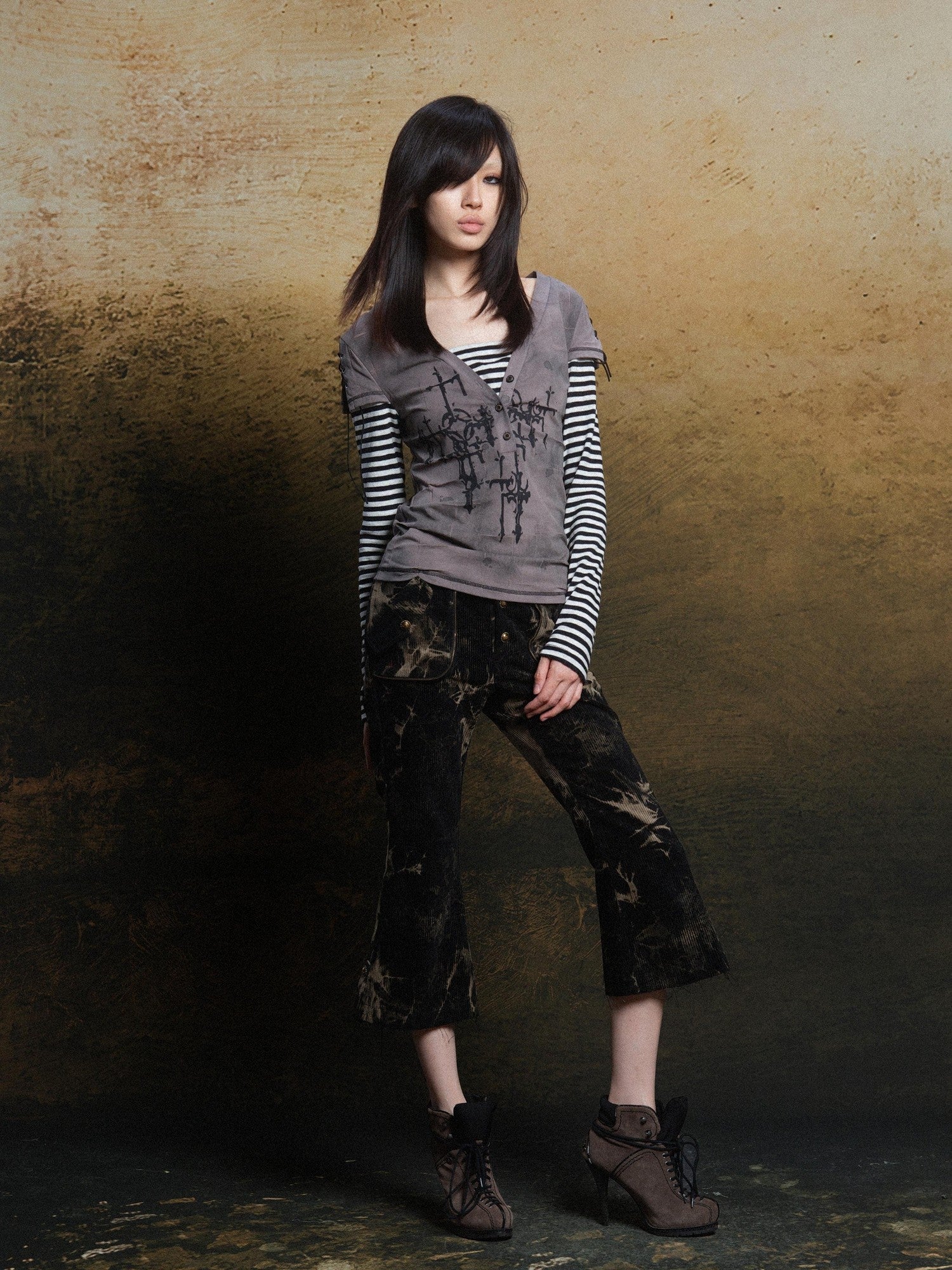 ARIADNAw Totem Cross Print Faux Layered Punk Women&