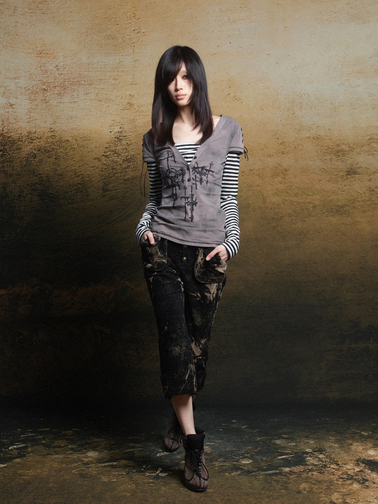 ARIADNAw Totem Cross Print Faux Layered Punk Women&