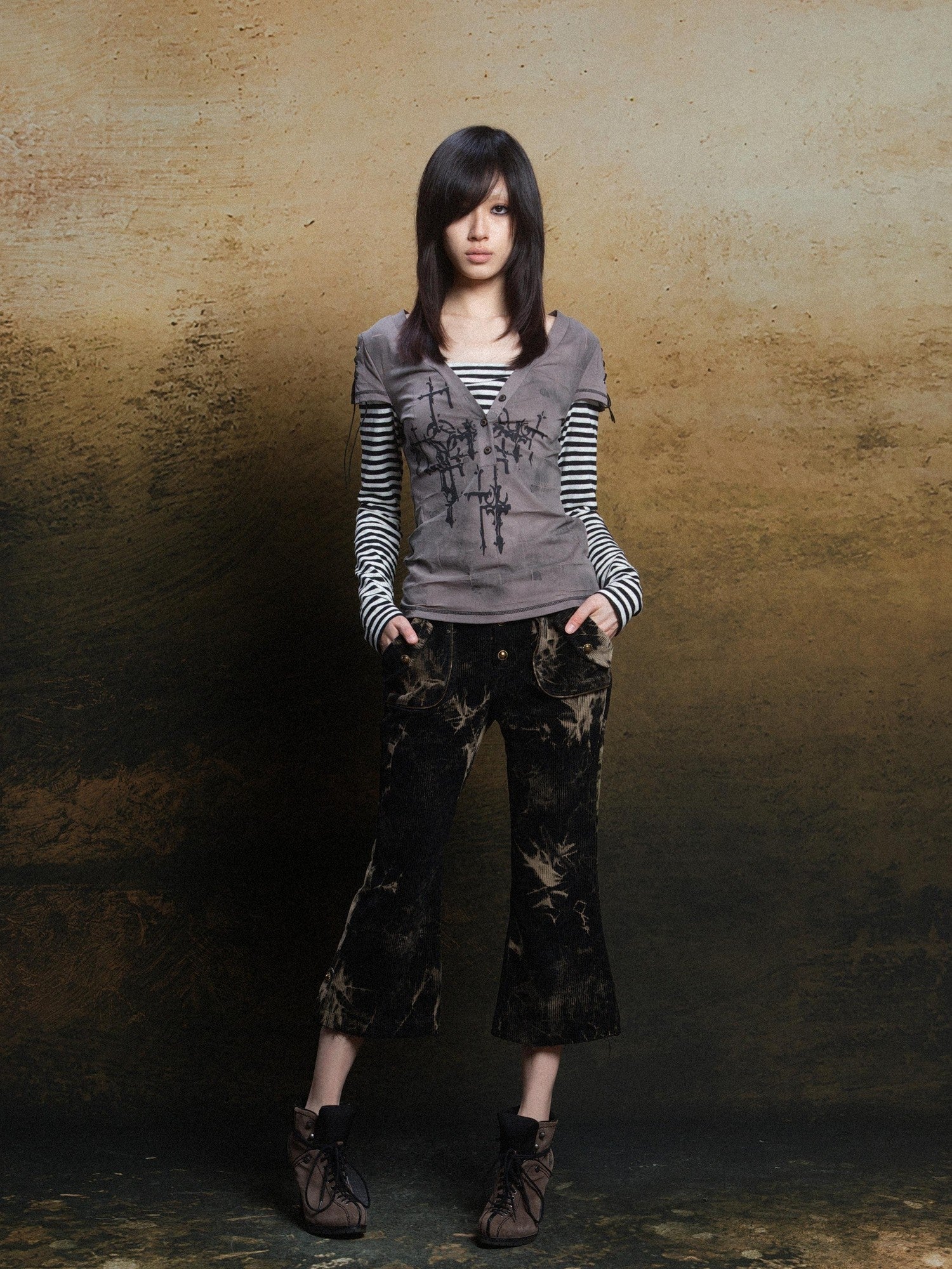 ARIADNAw Totem Cross Print Faux Layered Punk Women&
