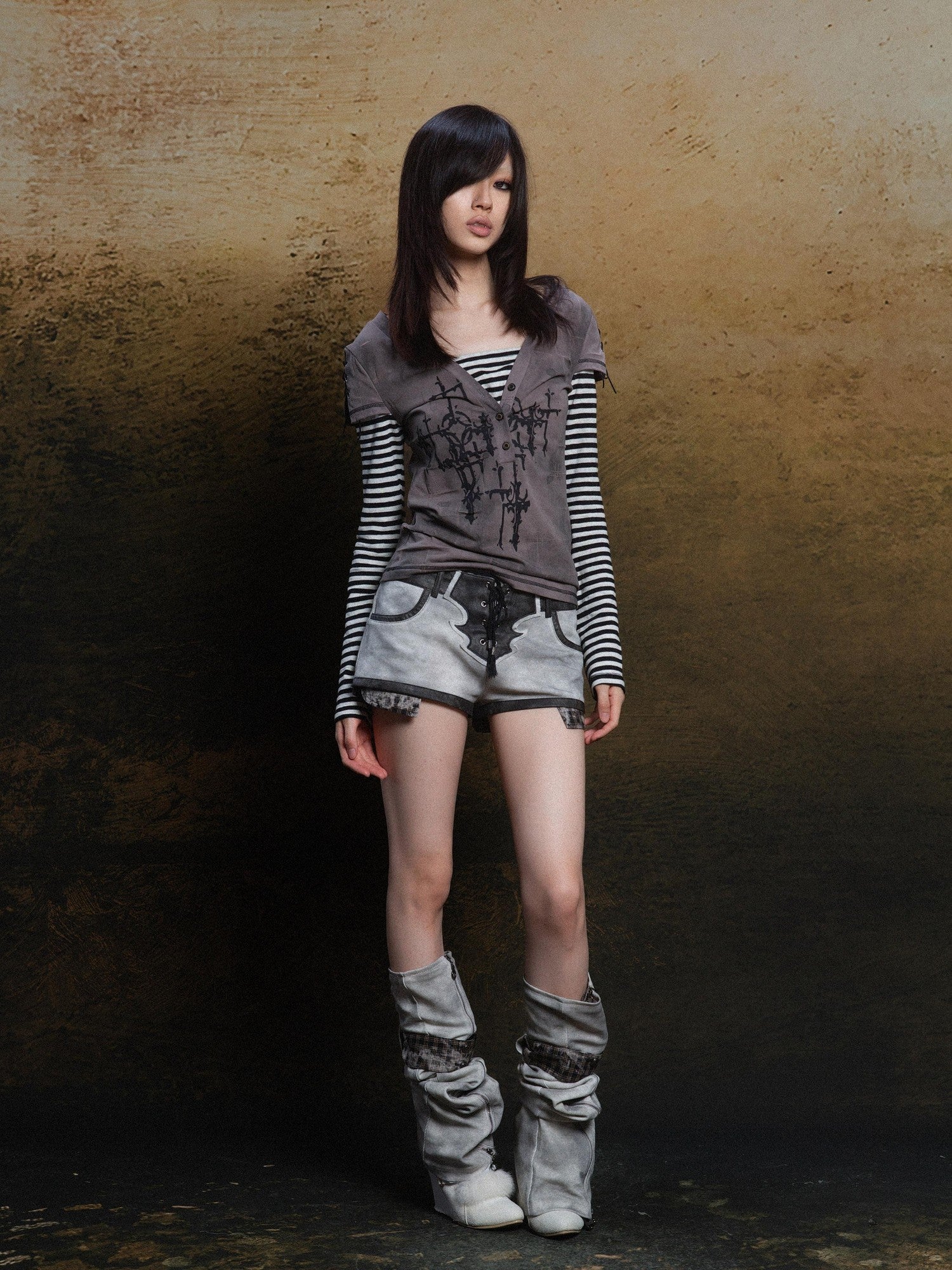 ARIADNAw Totem Cross Print Faux Layered Punk Women&