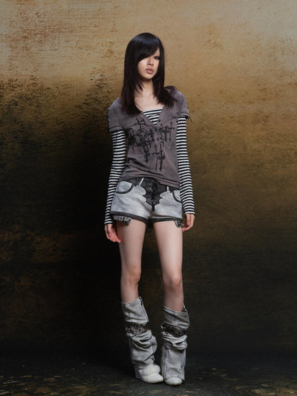 ARIADNAw Totem Cross Print Faux Layered Punk Women&
