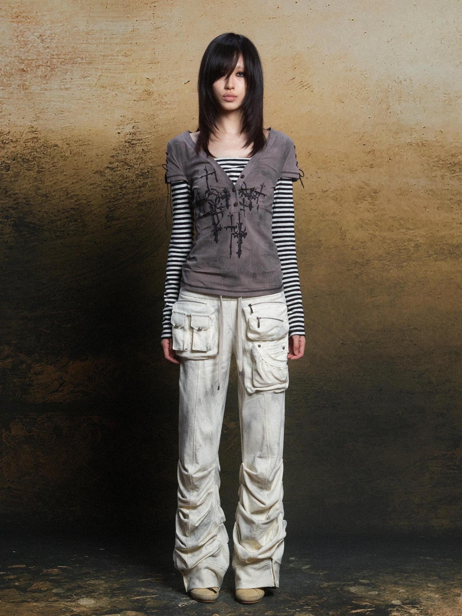 ARIADNAw Totem Cross Print Faux Layered Punk Women&