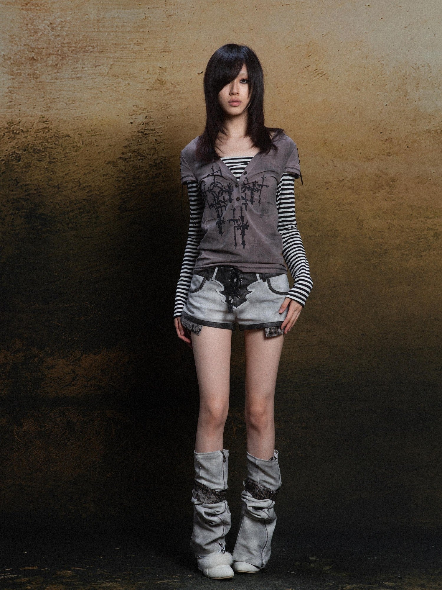 ARIADNAw Totem Cross Print Faux Layered Punk Women&