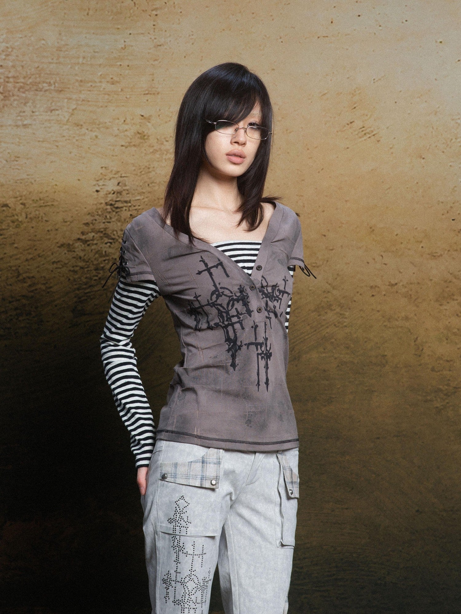 ARIADNAw Totem Cross Print Faux Layered Punk Women&