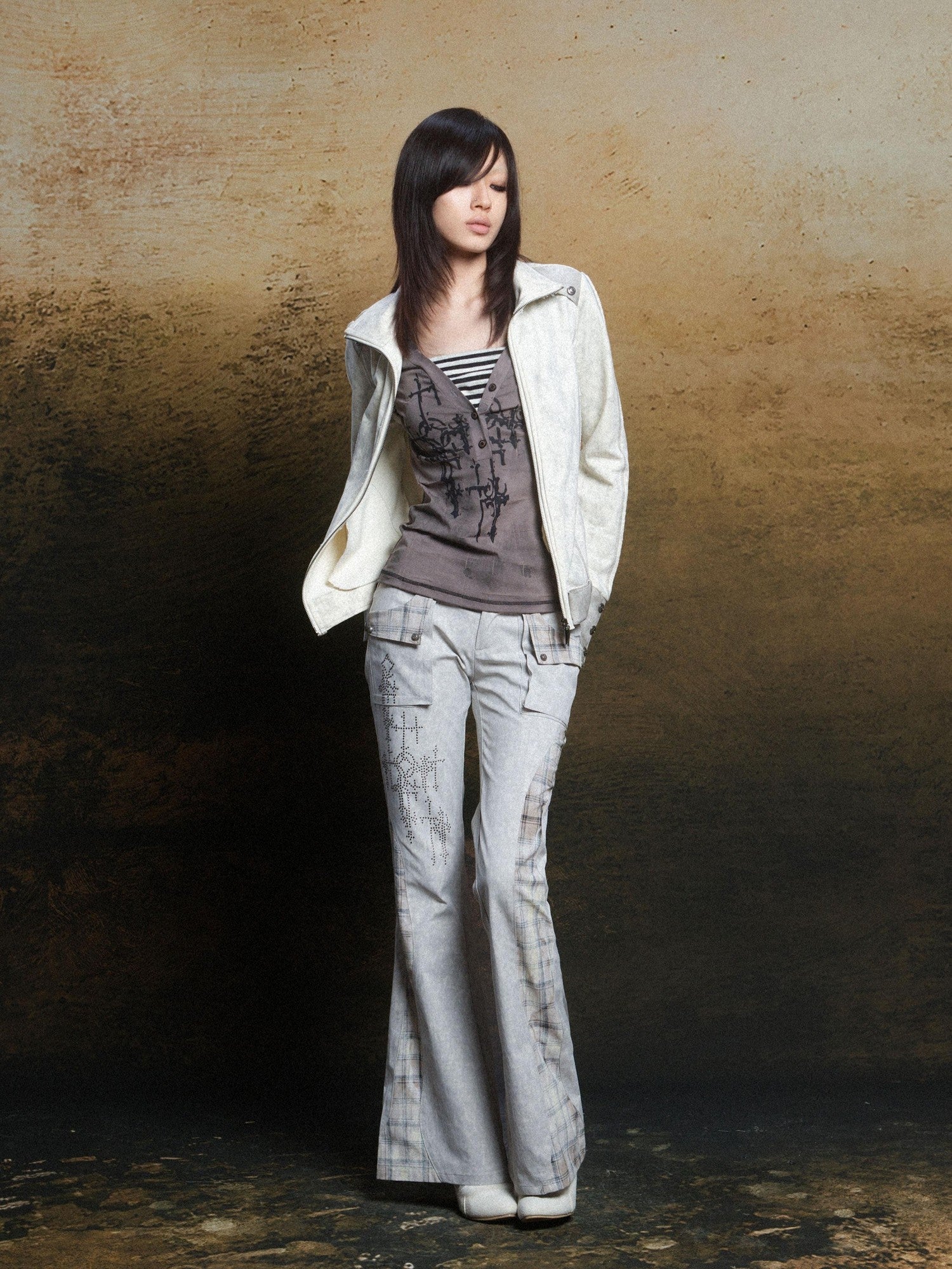 ARIADNAw Totem Cross Print Faux Layered Punk Women&