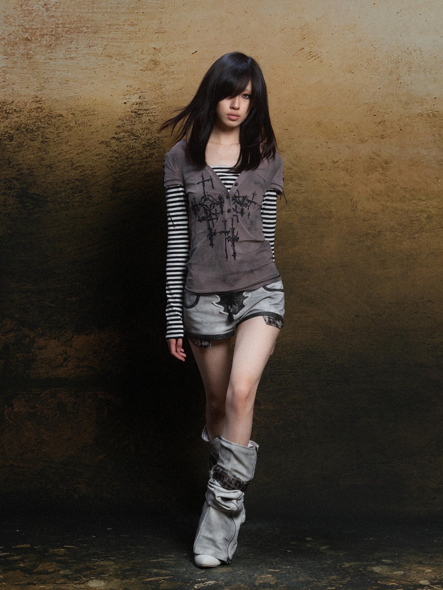 ARIADNAw Totem Cross Print Faux Layered Punk Women&