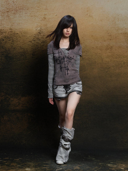 ARIADNAw Totem Cross Print Faux Layered Punk Women&