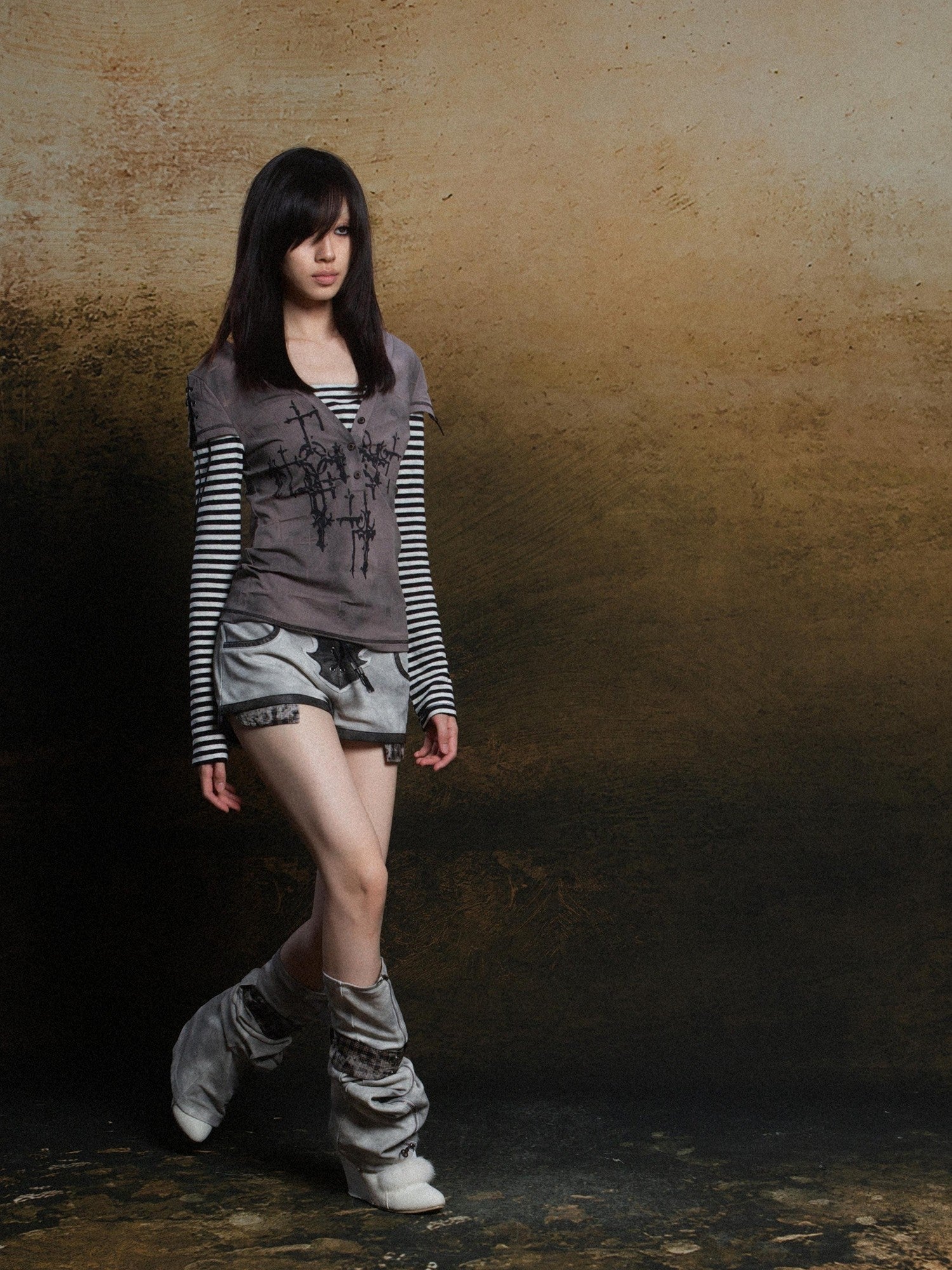 ARIADNAw Totem Cross Print Faux Layered Punk Women&