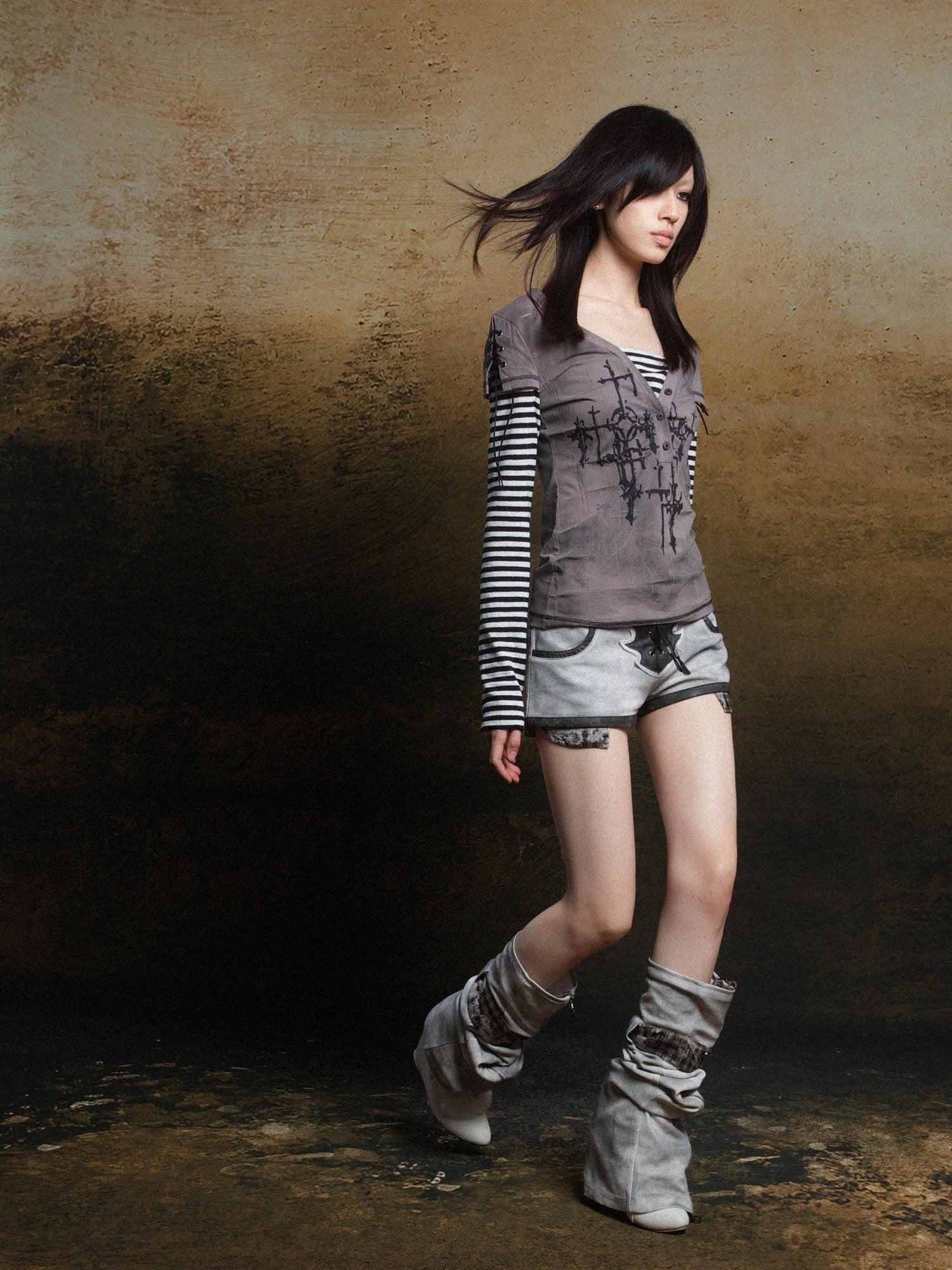 ARIADNAw Totem Cross Print Faux Layered Punk Women&