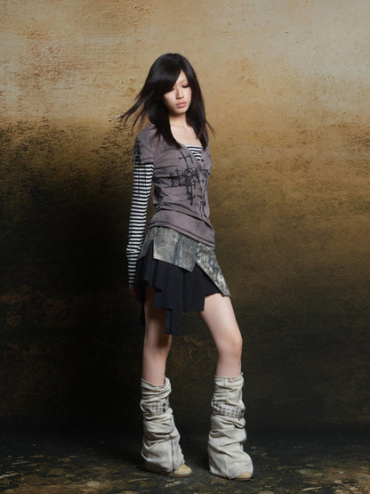 ARIADNAw Totem Cross Print Faux Layered Punk Women&