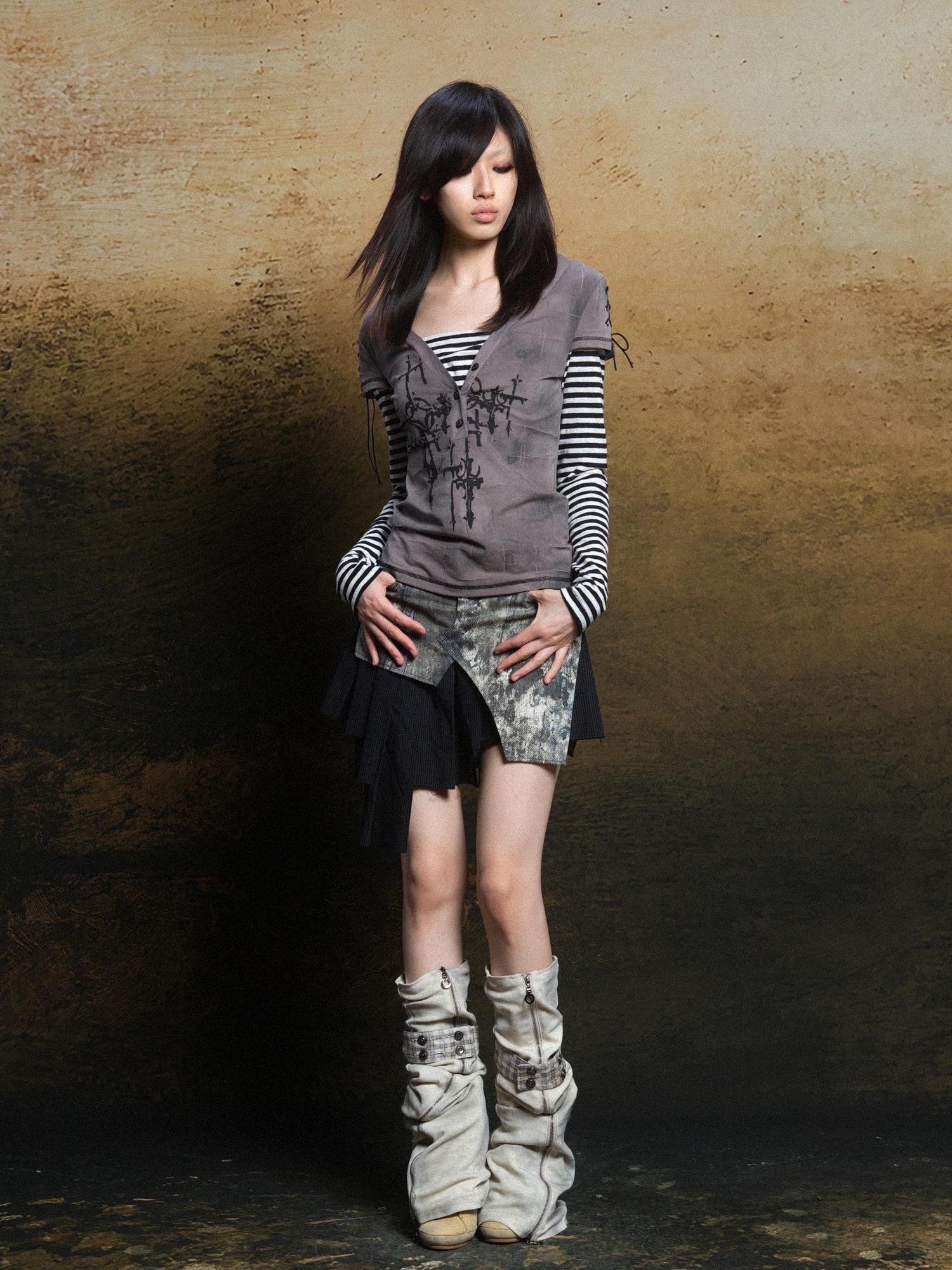 ARIADNAw Totem Cross Print Faux Layered Punk Women&