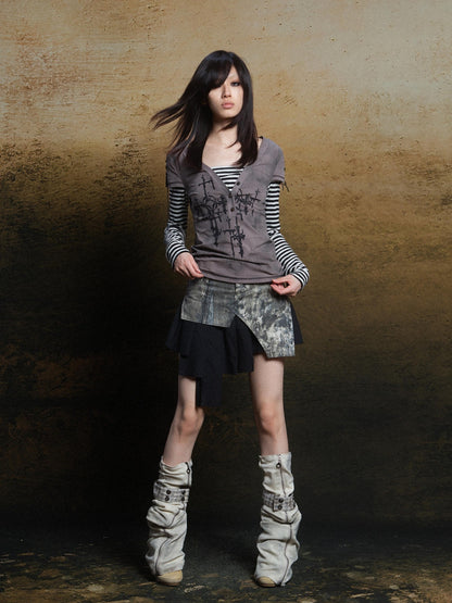 ARIADNAw Totem Cross Print Faux Layered Punk Women&