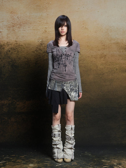 ARIADNAw Totem Cross Print Faux Layered Punk Women&