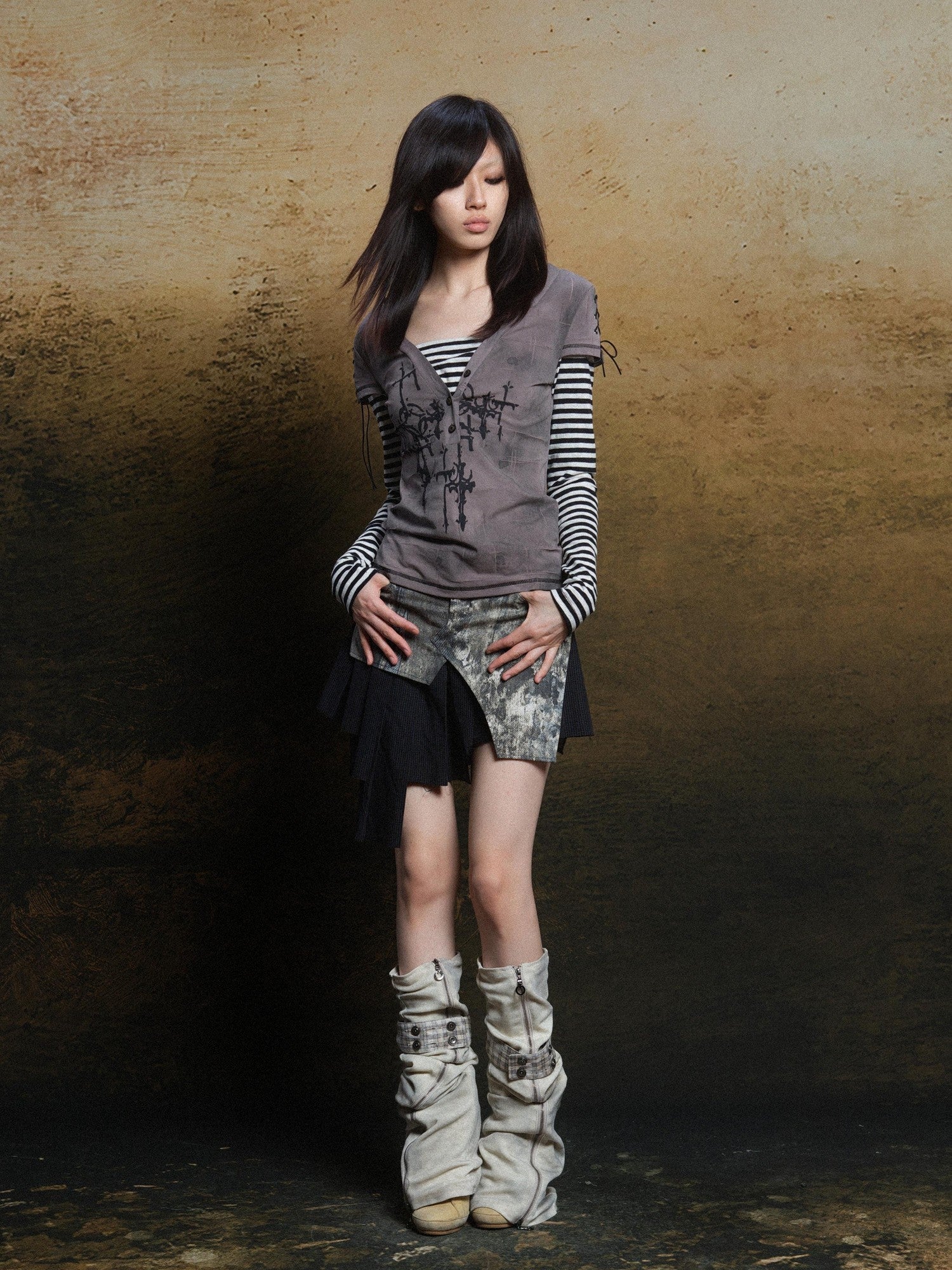 ARIADNAw Totem Cross Print Faux Layered Punk Women&