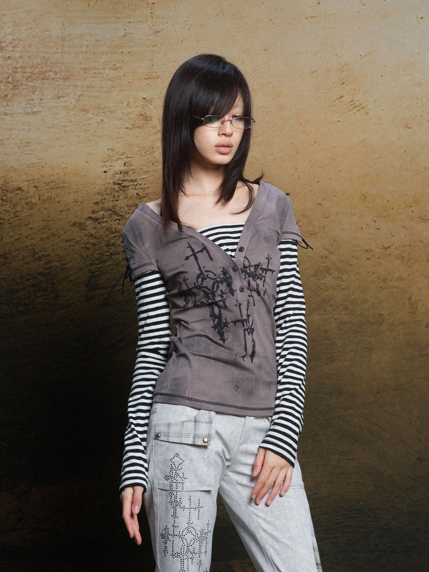 ARIADNAw Totem Cross Print Faux Layered Punk Women&