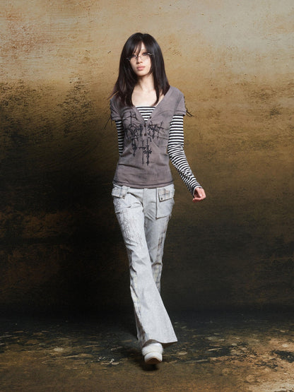 ARIADNAw Totem Cross Print Faux Layered Punk Women&