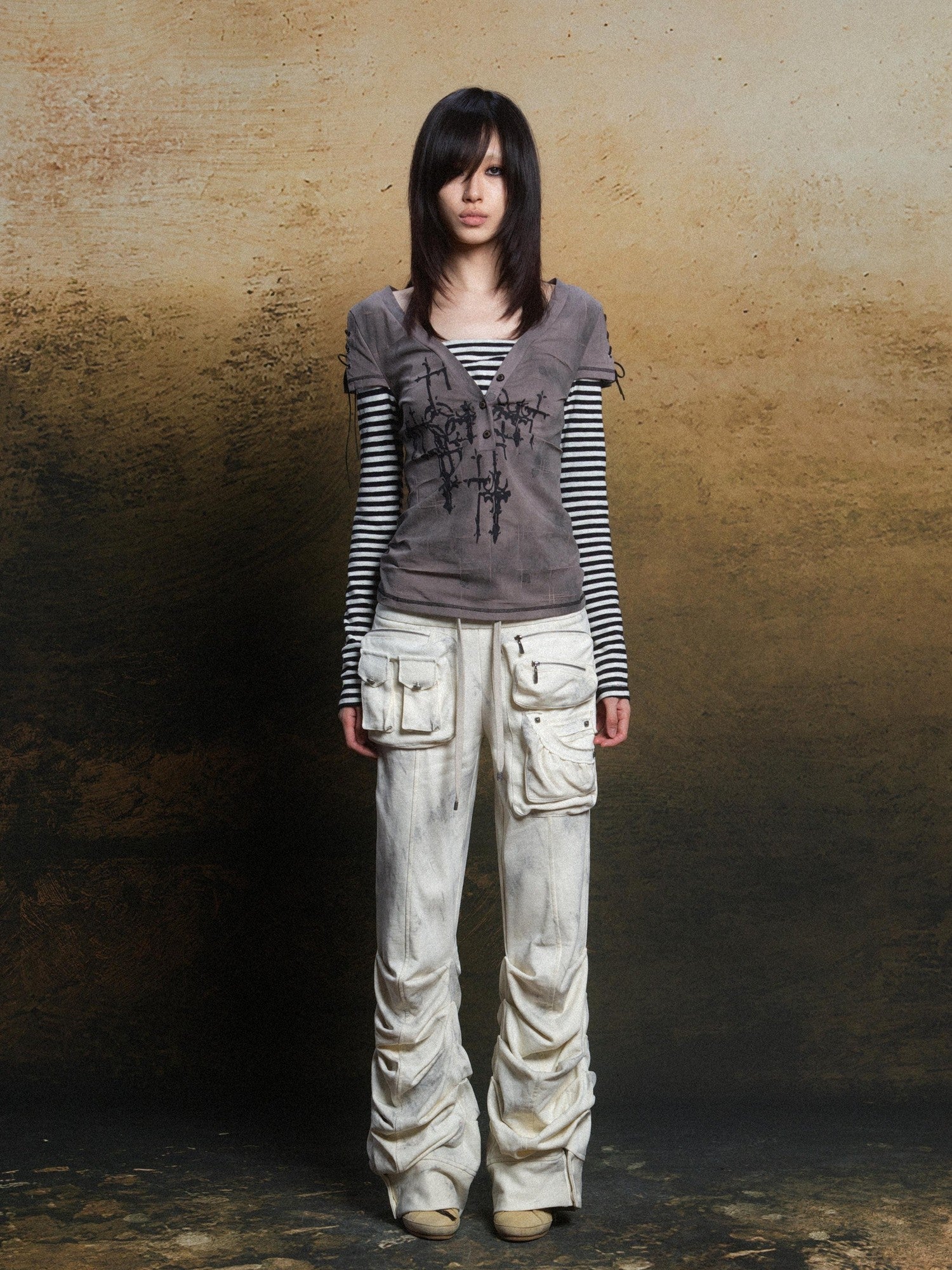 ARIADNAw Totem Cross Print Faux Layered Punk Women&