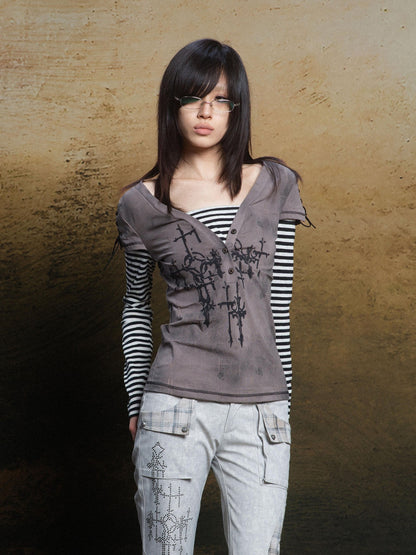 ARIADNAw Totem Cross Print Faux Layered Punk Women&
