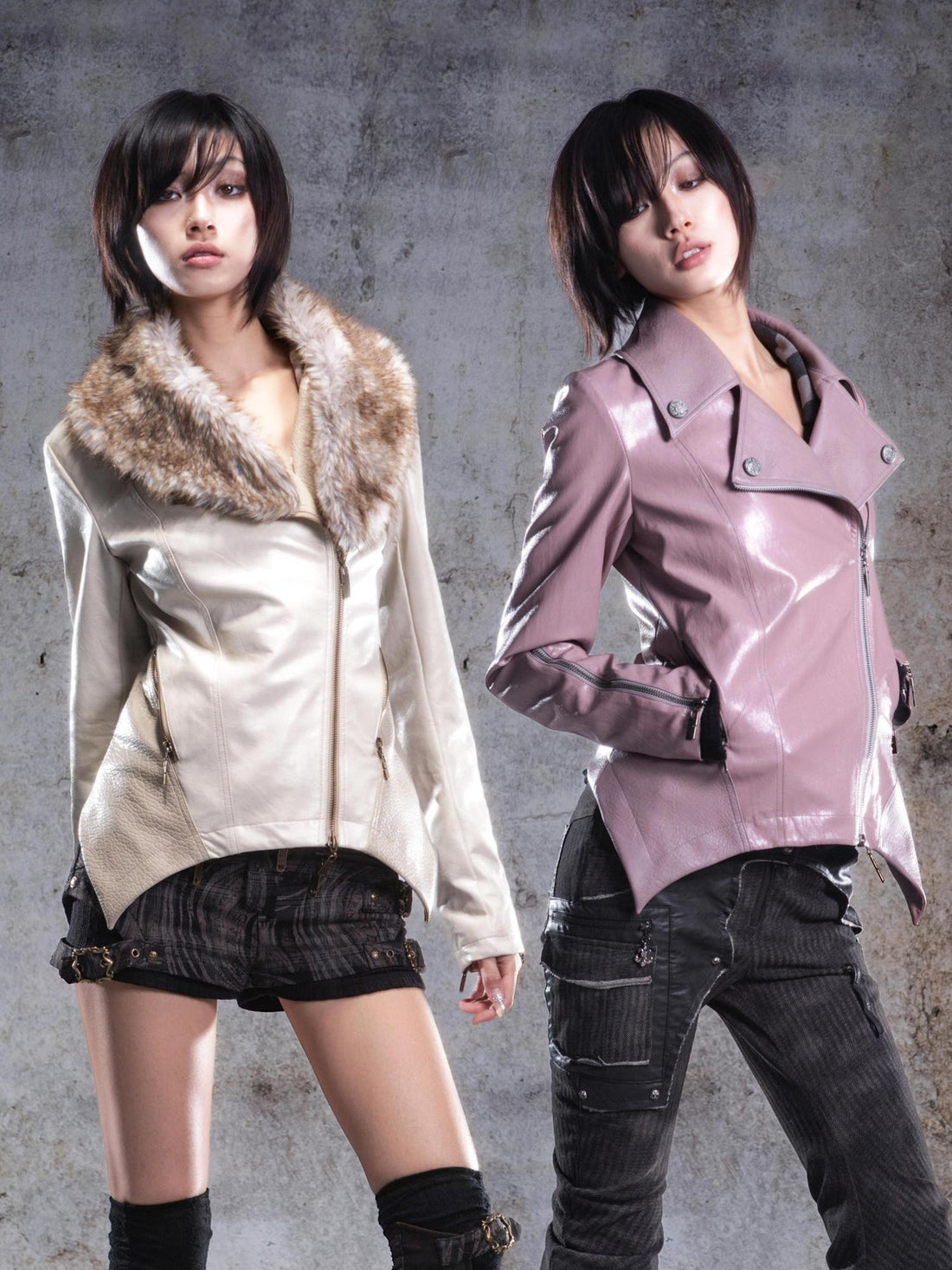 ARIADNAw Two Tone Fur Collar Patchwork Punk Slim Fit Women&