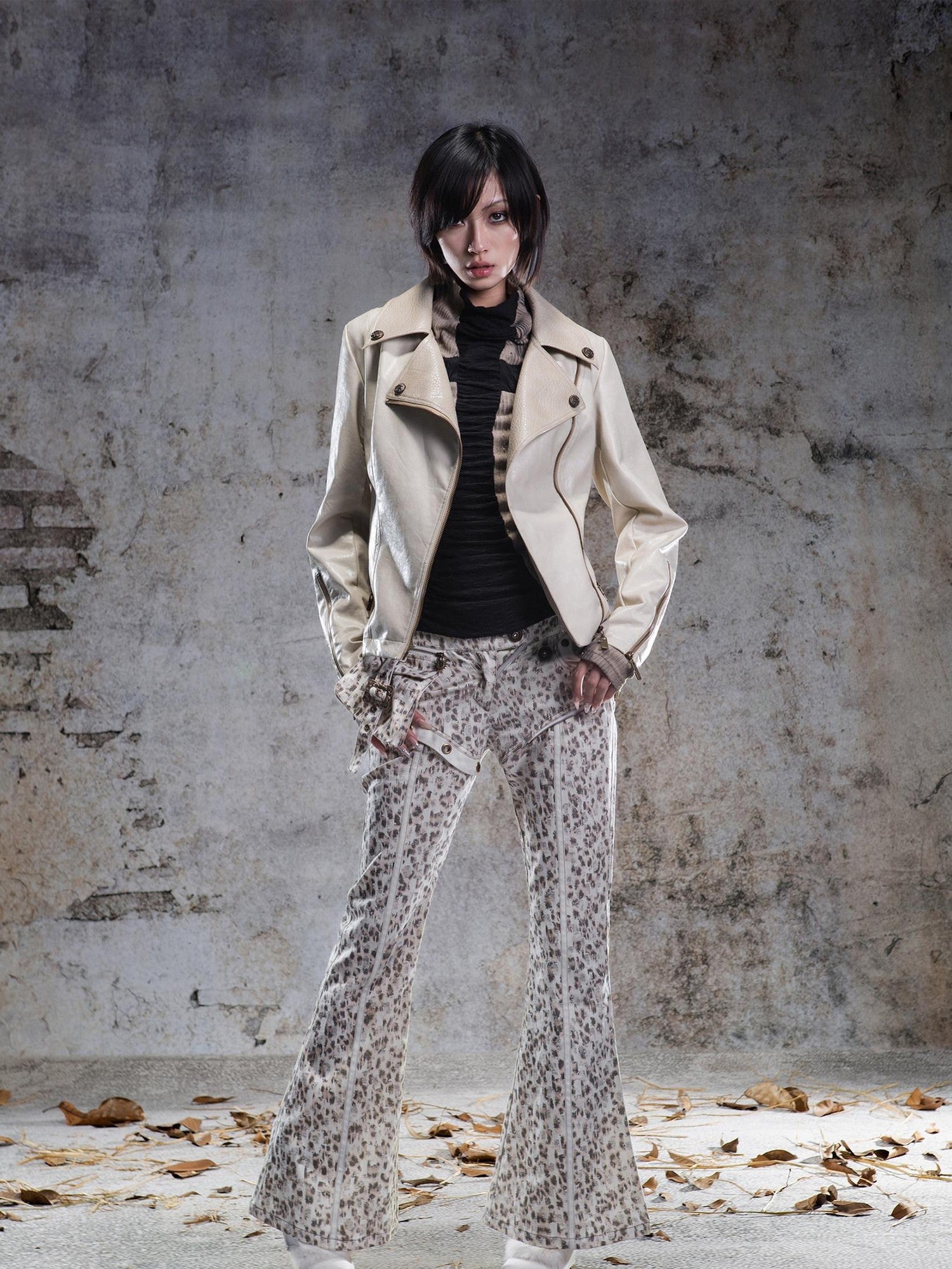 ARIADNAw Two Tone Fur Collar Patchwork Punk Slim Fit Women&
