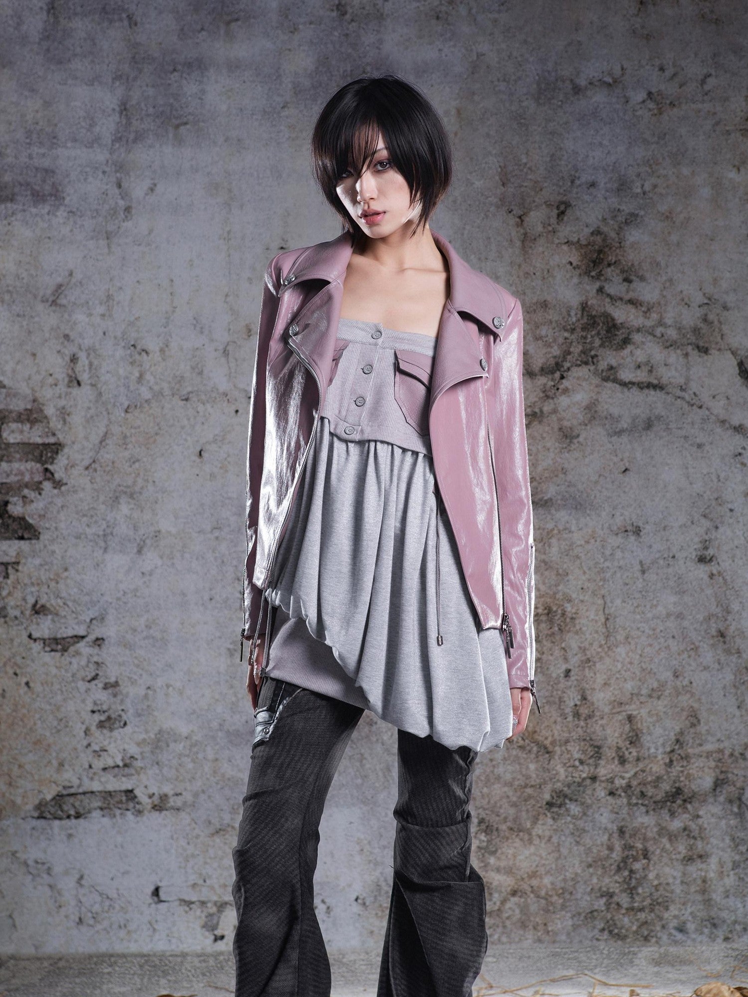 ARIADNAw Two Tone Fur Collar Patchwork Punk Slim Fit Women&