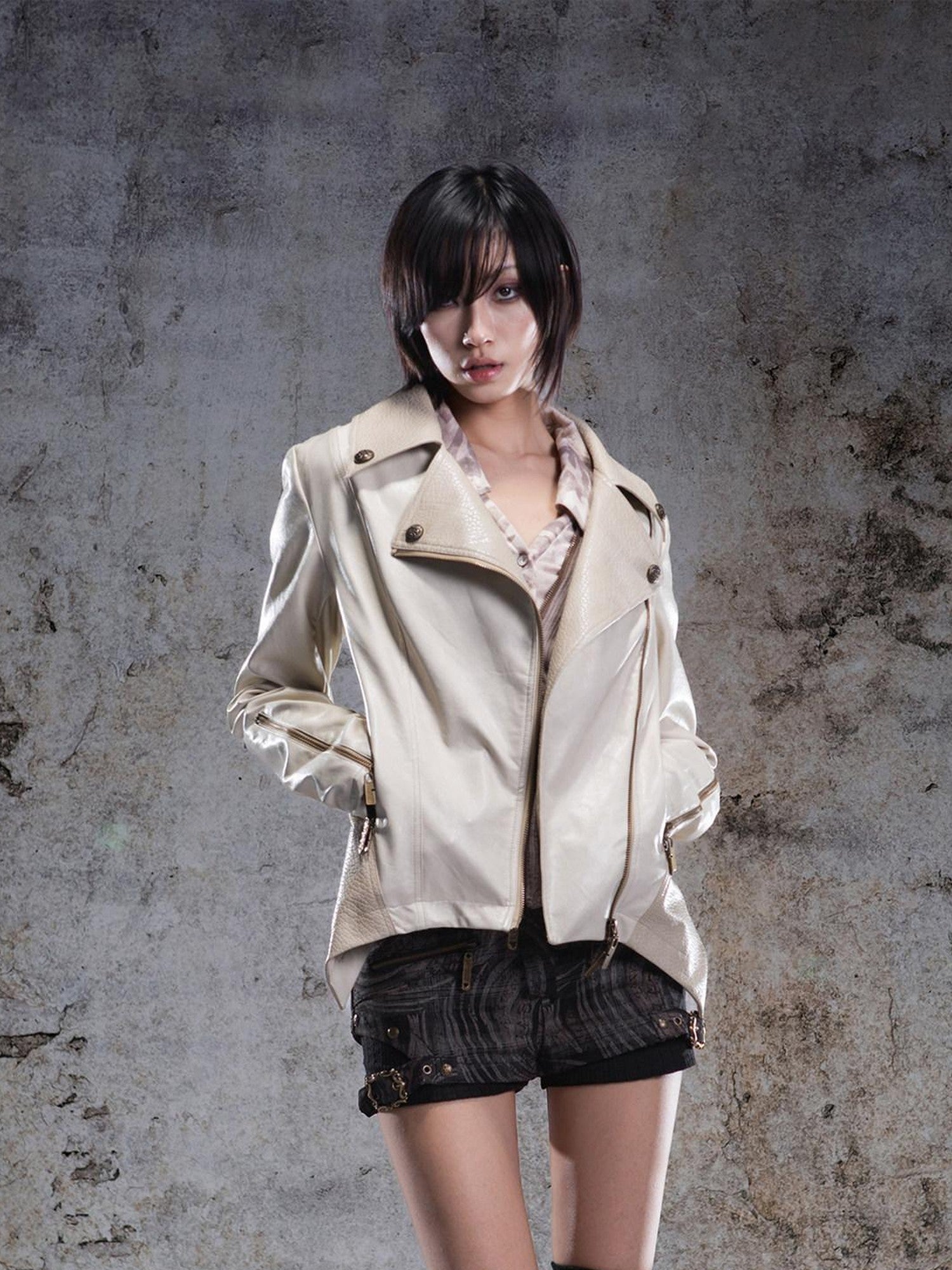 ARIADNAw Two Tone Fur Collar Patchwork Punk Slim Fit Women&