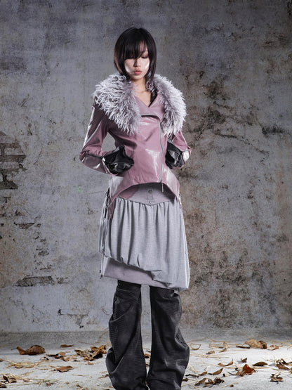 ARIADNAw Two Tone Fur Collar Patchwork Punk Slim Fit Women&