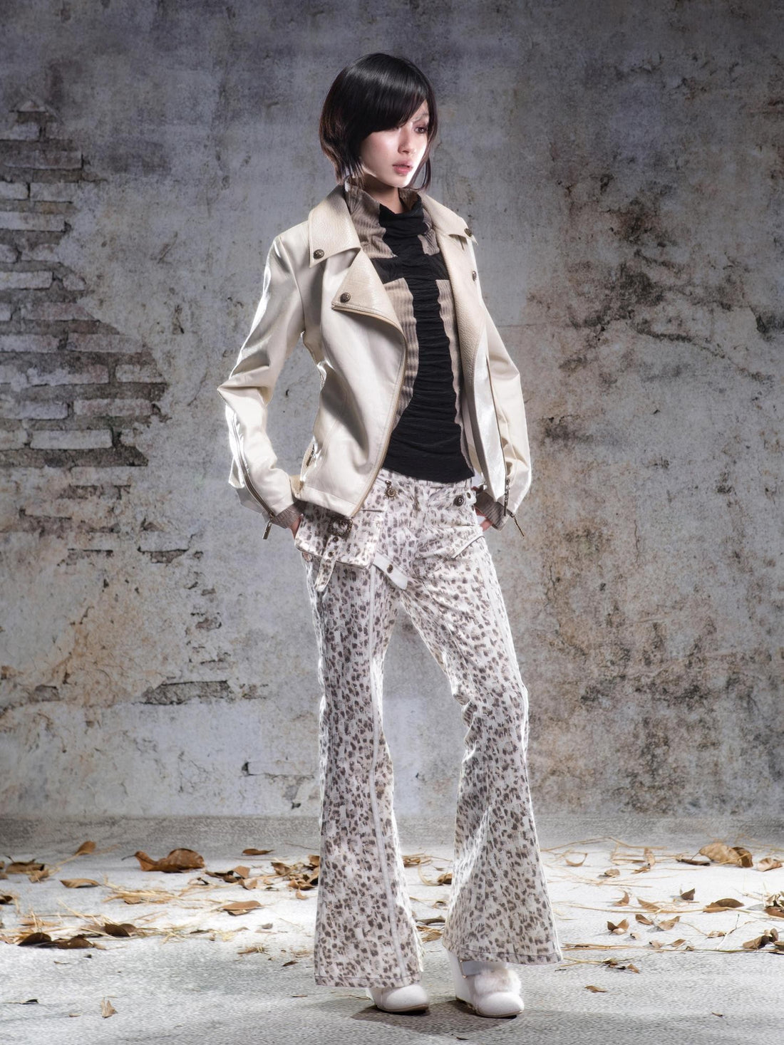 ARIADNAw Two Tone Fur Collar Patchwork Punk Slim Fit Women&