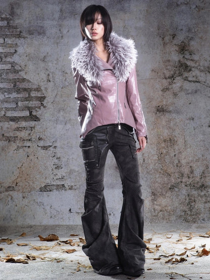 ARIADNAw Two Tone Fur Collar Slim Leather Jacket Jacket