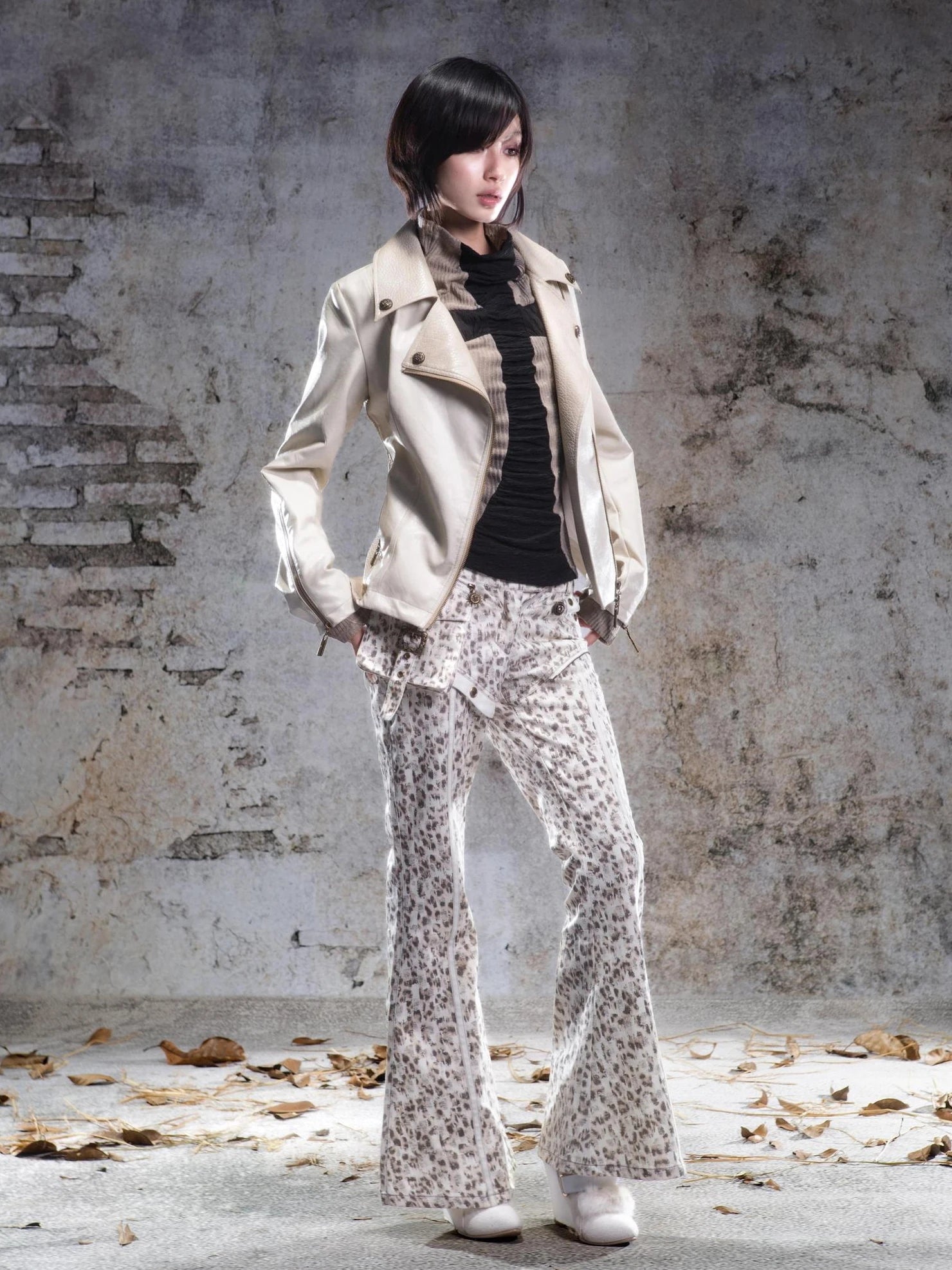 ARIADNAw Two Tone Fur Collar Slim Leather Jacket Jacket