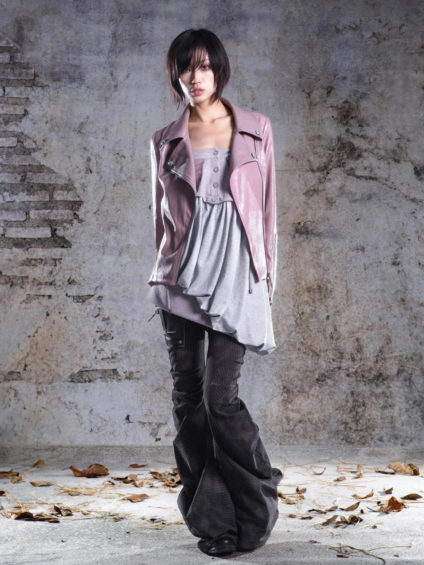 ARIADNAw Two Tone Fur Collar Slim Leather Jacket Jacket