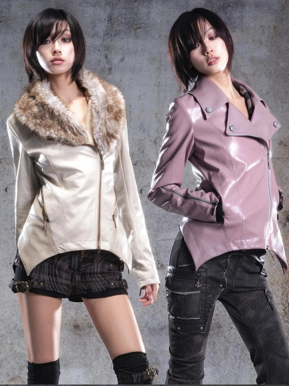ARIADNAw Two Tone Fur Collar Slim Leather Jacket Jacket