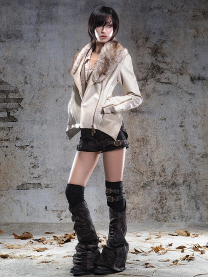 ARIADNAw Two Tone Fur Collar Slim Leather Jacket Jacket