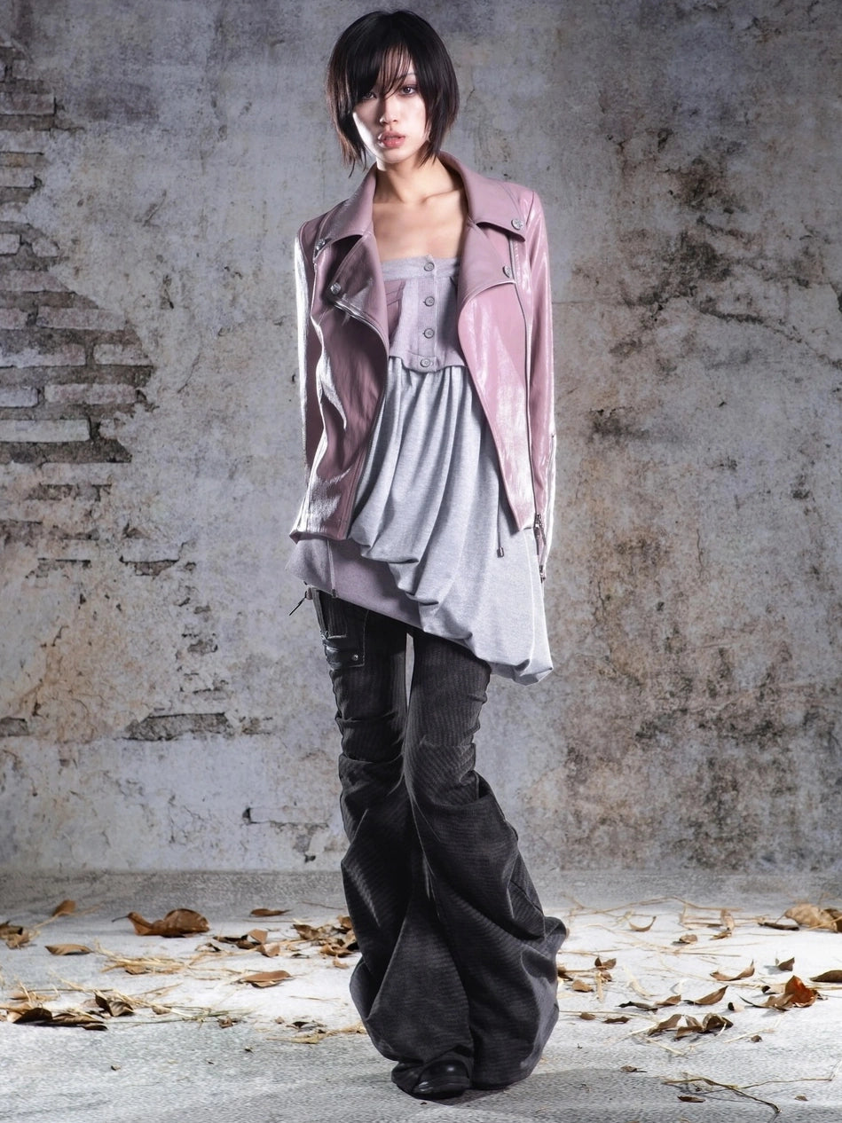 ARIADNAw Two Tone Fur Collar Slim Leather Jacket Jacket