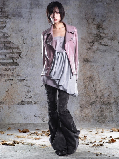 ARIADNAw Two Tone Fur Collar Slim Leather Jacket Jacket