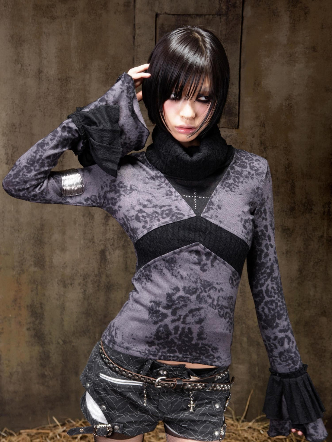 ARIADNAw Vintage Colorblock Knitted High Neck Slim Floral Women&