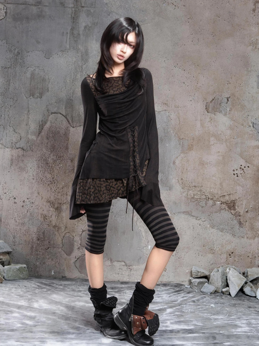 ARIADNAw Vintage Punk Color Block Draped Neck Top Cardigan