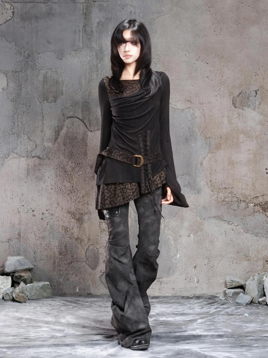 ARIADNAw Vintage Punk Color Block Draped Neck Top Cardigan