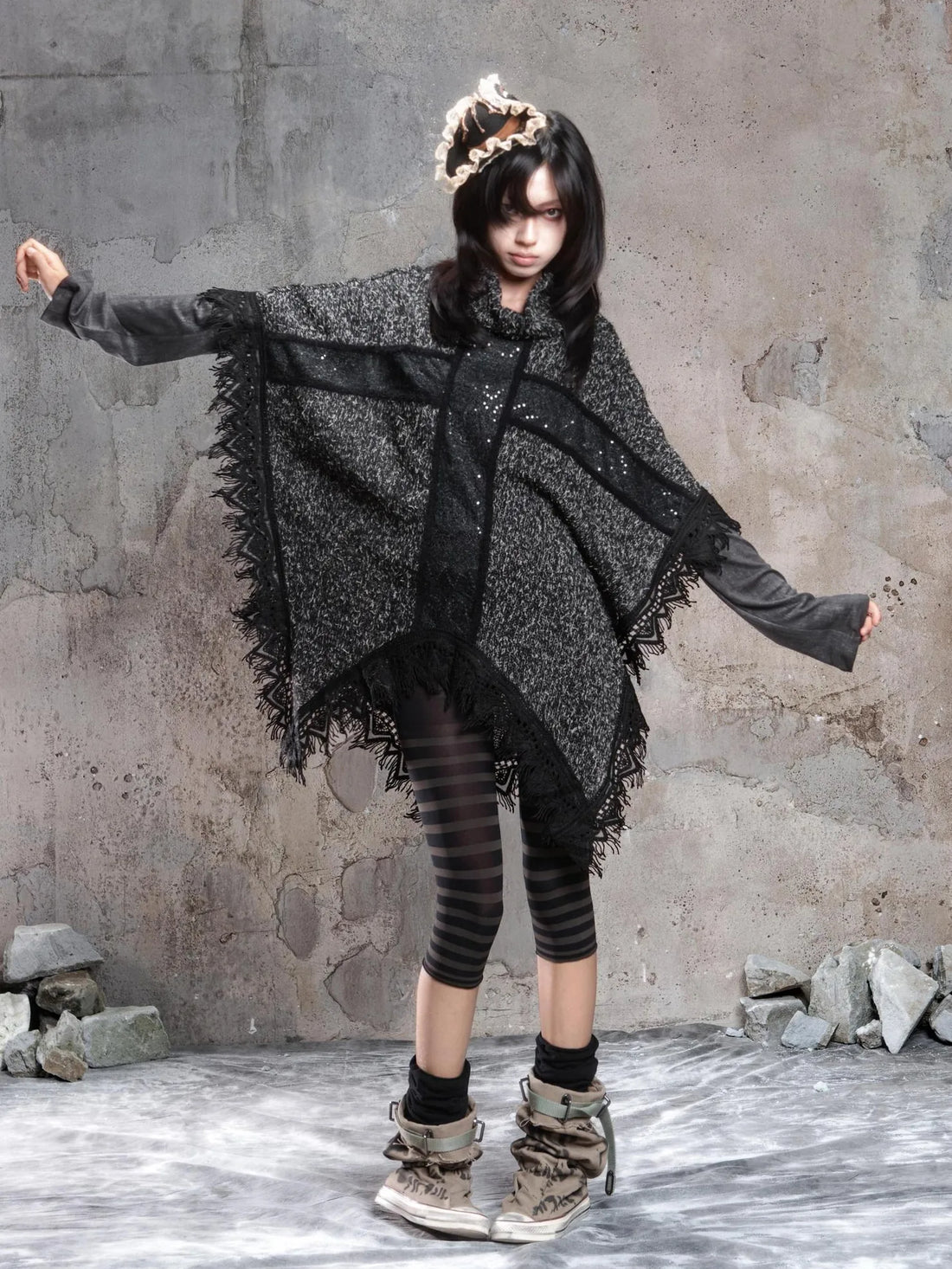 ARIADNAw Vintage Punk Cross Cape With Fringe Cardigan