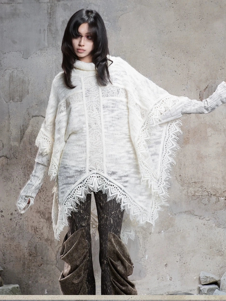 ARIADNAw Vintage Punk Cross Cape With Fringe Cardigan