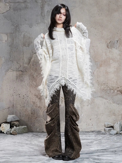 ARIADNAw Vintage Punk Cross Cape With Fringe Cardigan