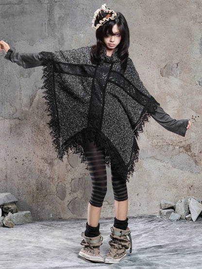ARIADNAw Vintage Punk Cross Cape With Fringe Cardigan