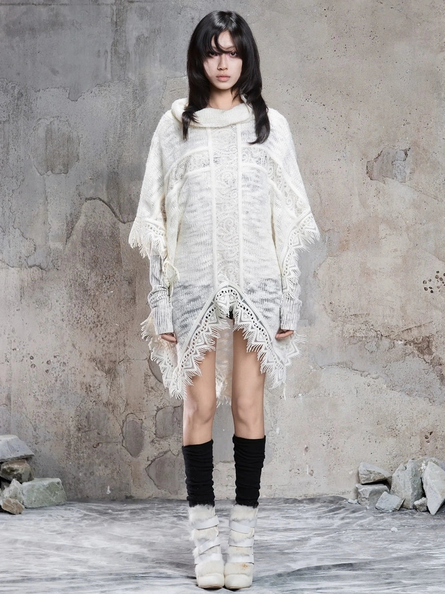 ARIADNAw Vintage Punk Cross Cape With Fringe Cardigan