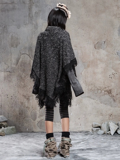 ARIADNAw Vintage Punk Cross Cape With Fringe Cardigan
